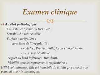 Examen clinique
 A l’état pathologique
                        
    Consistance : ferme ou très dure.
    Sensibilité : très sensible.
    Surface : irrégulière :
        caractères de l’irrégularité :
               - nodules : Préciser taille, forme et localisation.
               - ou masse hépatique.
    Aspect du bord inférieur : tranchant.
    Mobilité avec les mouvements respiratoires :
HPM volumineuse : Elle est immobile du fait du gros travail que
pourrait avoir le diaphragme.
 