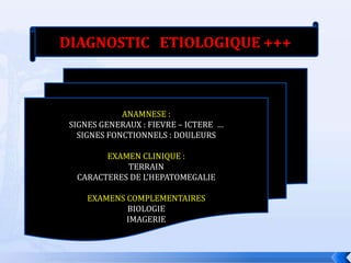 DIAGNOSTIC ETIOLOGIQUE +++



             ANAMNESE :
 SIGNES GENERAUX : FIEVRE – ICTERE …
   SIGNES FONCTIONNELS : DOULEURS

        EXAMEN CLINIQUE :
            TERRAIN
  CARACTERES DE L’HEPATOMEGALIE

     EXAMENS COMPLEMENTAIRES
             BIOLOGIE
             IMAGERIE
 