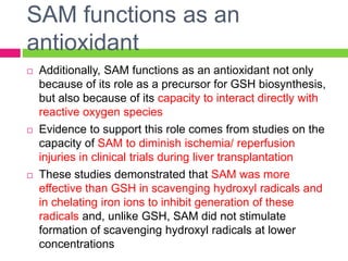 SAM functions as an
antioxidant
 Additionally, SAM functions as an antioxidant not only
because of its role as a precursor for GSH biosynthesis,
but also because of its capacity to interact directly with
reactive oxygen species
 Evidence to support this role comes from studies on the
capacity of SAM to diminish ischemia/ reperfusion
injuries in clinical trials during liver transplantation
 These studies demonstrated that SAM was more
effective than GSH in scavenging hydroxyl radicals and
in chelating iron ions to inhibit generation of these
radicals and, unlike GSH, SAM did not stimulate
formation of scavenging hydroxyl radicals at lower
concentrations
 