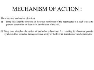 MECHANISM OF ACTION :
There are two mechanism of action-
a) Drug may alter the structure of the outer membrane of the hepatocytes in a such way as to
prevent penetration of liver toxin into interior of the cell.
b) Drug may stimulate the action of nucleolar polymerase A , resulting in ribosomal protein
synthesis, thus stimulate the regenerative ability of the liver & formation of new hepatocytes.
 