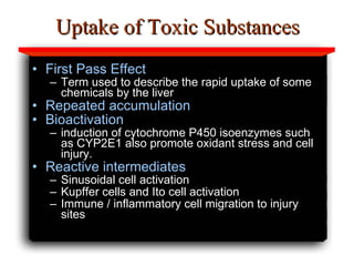 Uptake of Toxic Substances First Pass Effect Term used to describe the rapid uptake of some chemicals by the liver Repeated accumulation Bioactivation induction of cytochrome P450 isoenzymes such   as CYP2E1 also promote oxidant stress and cell injury.   Reactive intermediates Sinusoidal cell activation Kupffer cells and Ito cell activation Immune / inflammatory cell migration to injury sites 