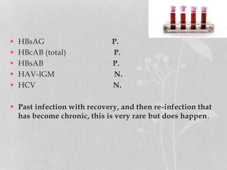  HBsAG P.
 HBcAB (total) P.
 HBsAB P.
 HAV-IGM N.
 HCV N.
 Past infection with recovery, and then re-infection that
has become chronic, this is very rare but does happen.
 
