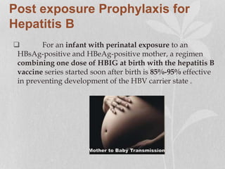 Post exposure Prophylaxis for
Hepatitis B
 For an infant with perinatal exposure to an
HBsAg-positive and HBeAg-positive mother, a regimen
combining one dose of HBIG at birth with the hepatitis B
vaccine series started soon after birth is 85%-95% effective
in preventing development of the HBV carrier state .
 