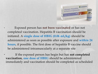 • Exposed person has not been vaccinated or has not
completed vaccination. Hepatitis B vaccination should be
initiated. A single dose of HBIG (0.06 mL/kg) should be
administered as soon as possible after exposure and within 24
hours, if possible. The first dose of hepatitis B vaccine should
be administered intramuscularly at a separate site
• If the exposed person has begin but has not completed
vaccination, one dose of HBIG should be administered
immediately and vaccination should be completed as scheduled
 