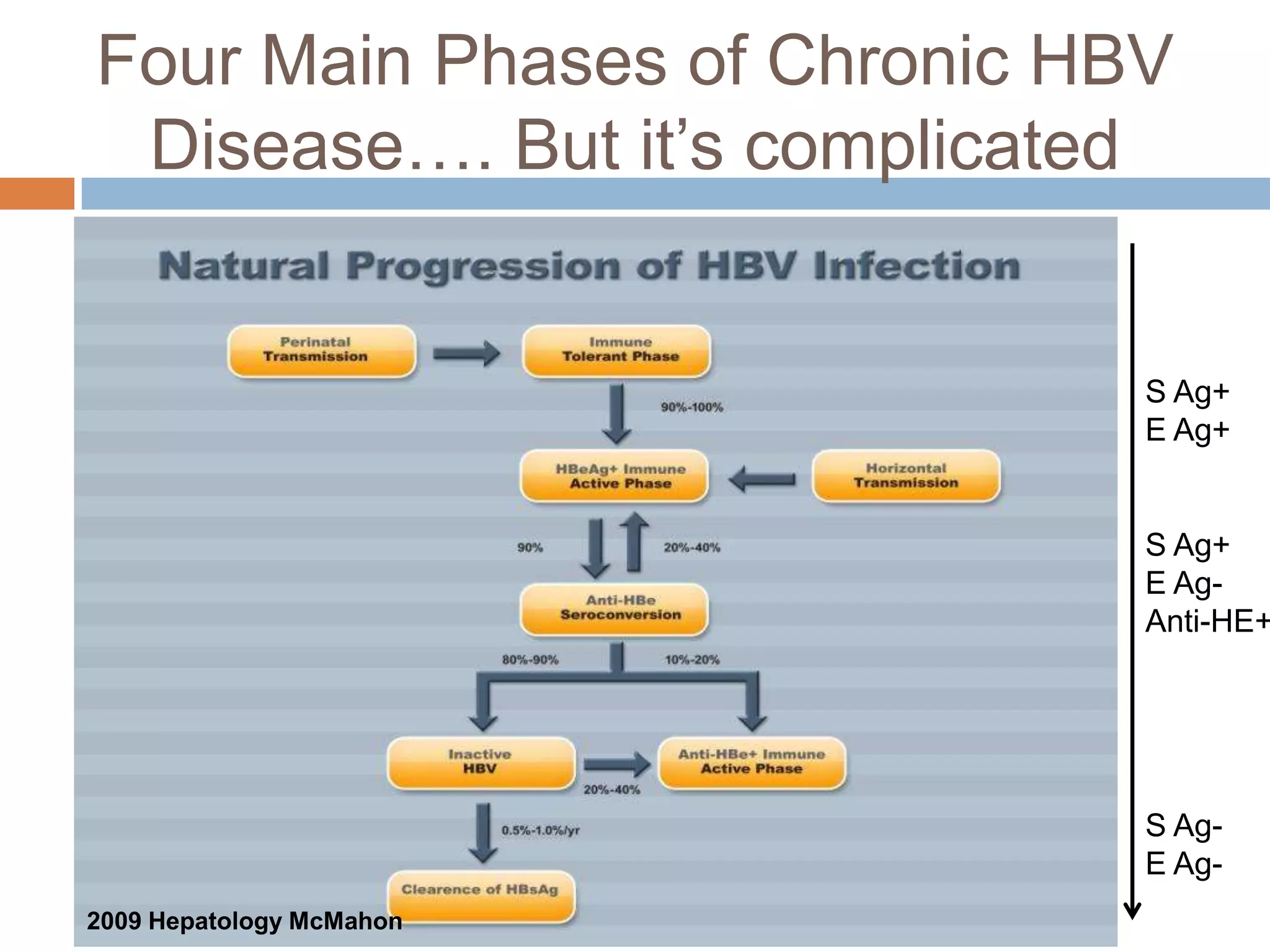 Four Main Phases of Chronic HBV
 Disease…. But it‟s complicated


                              S Ag+
                              E Ag+


                              S Ag+
                              E Ag-
                              Anti-HE+




                              S Ag-
                              E Ag-
2009 Hepatology McMahon
 
