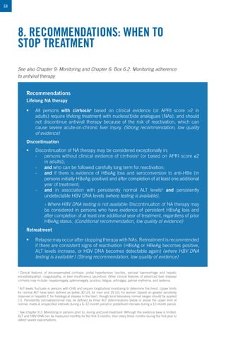64
8. RECOMMENDATIONS: WHEN TO
STOP TREATMENT
See also Chapter 9: Monitoring and Chapter 6: Box 6.2. Monitoring adherence
to antiviral therapy
a
Clinical features of decompensated cirrhosis: portal hypertension (ascites, variceal haemorrhage and hepatic
encephalopathy), coagulopathy, or liver insufficiency (jaundice). Other clinical features of advanced liver disease/
cirrhosis may include: hepatomegaly, splenomegaly, pruritus, fatigue, arthralgia, palmar erythema, and oedema.
b
ALT levels fluctuate in persons with CHB and require longitudinal monitoring to determine the trend. Upper limits
for normal ALT have been defined as below 30 U/L for men and 19 U/L for women (based on greater sensitivity
observed in hepatitis C for histological disease in the liver), though local laboratory normal ranges should be applied
(1). Persistently normal/abnormal may be defined as three ALT determinations below or above the upper limit of
normal, made at unspecified intervals during a 6–12-month period or predefined intervals during a 12-month period.
c
See Chapter 9.1: Monitoring in persons prior to, during and post-treatment. Although the evidence base is limited,
ALT and HBV DNA can be measured monthly for the first 3 months, then every three months during the first year to
detect severe exacerbations.
Recommendations
Lifelong NA therapy
•	 All persons with cirrhosisa
based on clinical evidence (or APRI score 2 in
adults) require lifelong treatment with nucleos(t)ide analogues (NAs), and should
not discontinue antiviral therapy because of the risk of reactivation, which can
cause severe acute-on-chronic liver injury. (Strong recommendation, low quality
of evidence)
Discontinuation
•	 Discontinuation of NA therapy may be considered exceptionally in:
-- persons without clinical evidence of cirrhosisa
(or based on APRI score ≤2
in adults);
-- and who can be followed carefully long term for reactivation;
-- and if there is evidence of HBeAg loss and seroconversion to anti-HBe (in
persons initially HBeAg-positive) and after completion of at least one additional
year of treatment;
-- and in association with persistently normal ALT levelsb
and persistently
undetectable HBV DNA levels (where testing is available).
› Where HBV DNA testing is not available: Discontinuation of NA therapy may
be considered in persons who have evidence of persistent HBsAg loss and
after completion of at least one additional year of treatment, regardless of prior
HBeAg status. (Conditional recommendation, low quality of evidence)
Retreatment
•	 Relapse may occur after stopping therapy with NAs. Retreatment is recommended
if there are consistent signs of reactivation (HBsAg or HBeAg becomes positive,
ALT levels increase, or HBV DNA becomes detectable again) (where HBV DNA
testing is availablec
) (Strong recommendation, low quality of evidence)
 