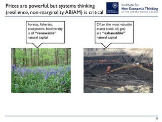Prices are powerful, but systems thinking
(resilience, non-marginality, ABIAM) is critical
Forests, fisheries,
ecosystems, biodiversity
is all “renewable”
natural capital

Often the most valuable
assets (coal, oil, gas)
are “exhaustible”
natural capital

6

 