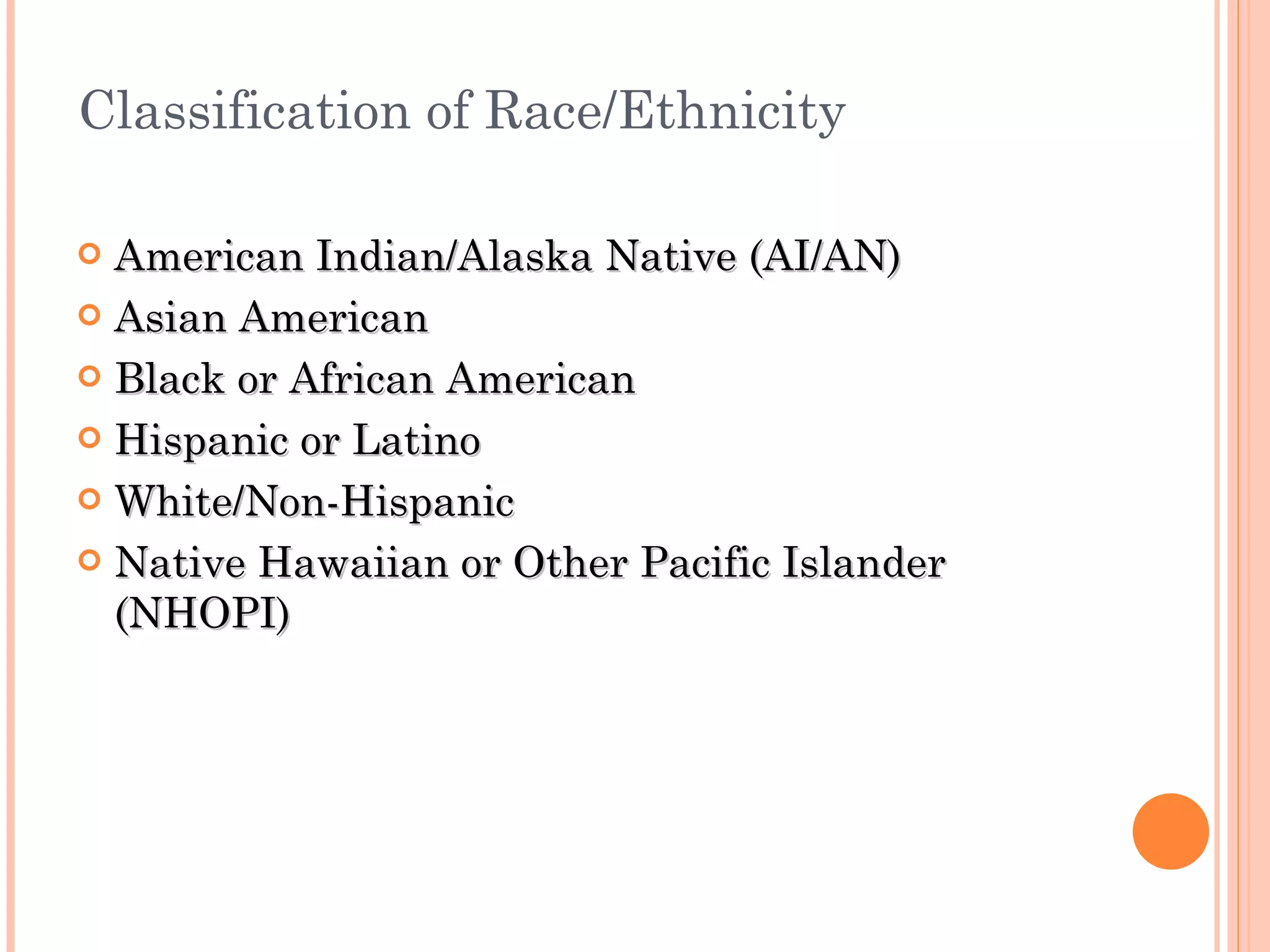Classification of Race/Ethnicity American Indian/Alaska Native (AI/AN) Asian American Black or African American Hispanic or Latino White/Non-Hispanic Native Hawaiian or Other Pacific Islander (NHOPI) 