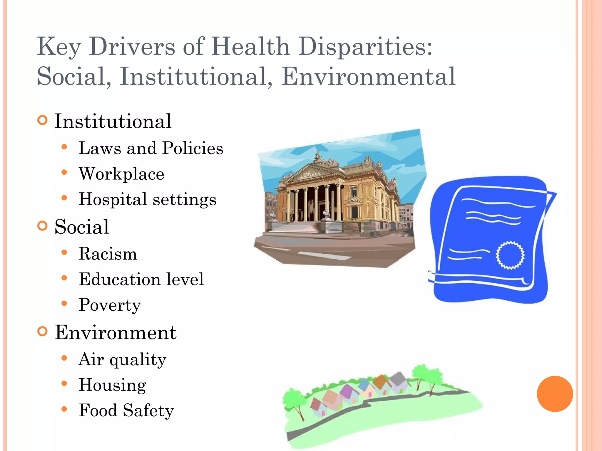 Key Drivers of Health Disparities: Social, Institutional, Environmental Institutional Laws and Policies Workplace Hospital settings Social Racism Education level Poverty Environment Air quality Housing Food Safety 