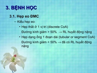 3. BỆNH HỌC3. BỆNH HỌC
3.1. Hẹp eo ĐMC
– Kiểu hẹp eo:
• Hẹp thắt ở 1 vị trí (discrete CoA)
Đường kính giảm > 50% → RL huyết động nặng
• Hẹp dạng ống 1 đoạn dài (tubular or segment CoA)
Đường kính giảm < 50% → đã có RL huyết động
nặng
 