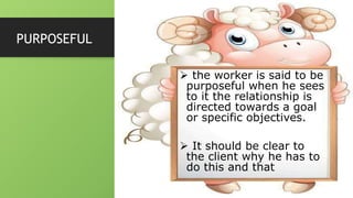 PURPOSEFUL
 the worker is said to be
purposeful when he sees
to it the relationship is
directed towards a goal
or specific objectives.
 It should be clear to
the client why he has to
do this and that
 