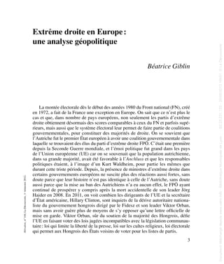 3
Hérodote,n°144,LaDécouverte,1er
trimestre2012.
Extrême droite en Europe:
une analyse géopolitique
Béatrice Giblin
La mon...