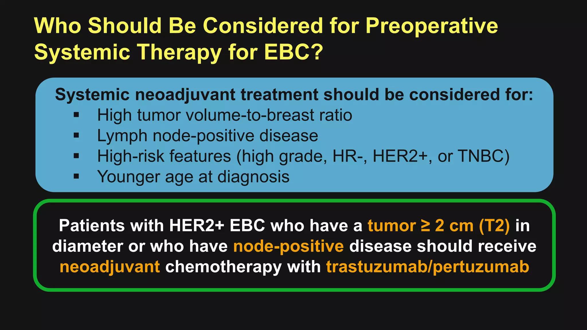 Who Should Be Considered for Preoperative
Systemic Therapy for EBC?
Systemic neoadjuvant treatment should be considered for:
 High tumor volume-to-breast ratio
 Lymph node-positive disease
 High-risk features (high grade, HR-, HER2+, or TNBC)
 Younger age at diagnosis
Patients with HER2+ EBC who have a tumor ≥ 2 cm (T2) in
diameter or who have node-positive disease should receive
neoadjuvant chemotherapy with trastuzumab/pertuzumab
 