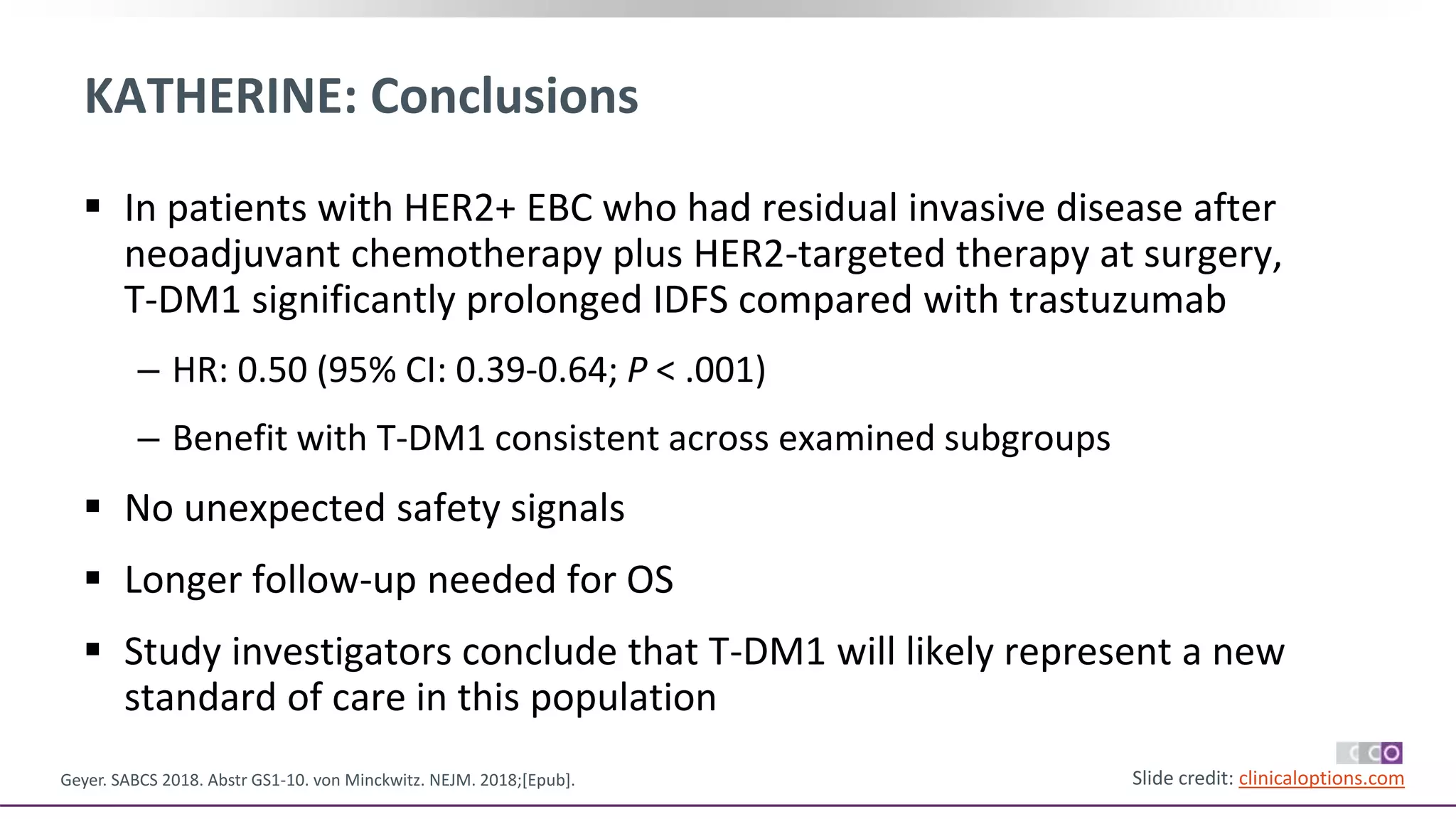 KATHERINE: Conclusions
 In patients with HER2+ EBC who had residual invasive disease after
neoadjuvant chemotherapy plus HER2-targeted therapy at surgery,
T-DM1 significantly prolonged IDFS compared with trastuzumab
‒ HR: 0.50 (95% CI: 0.39-0.64; P < .001)
‒ Benefit with T-DM1 consistent across examined subgroups
 No unexpected safety signals
 Longer follow-up needed for OS
 Study investigators conclude that T-DM1 will likely represent a new
standard of care in this population
Slide credit: clinicaloptions.comGeyer. SABCS 2018. Abstr GS1-10. von Minckwitz. NEJM. 2018;[Epub].
 