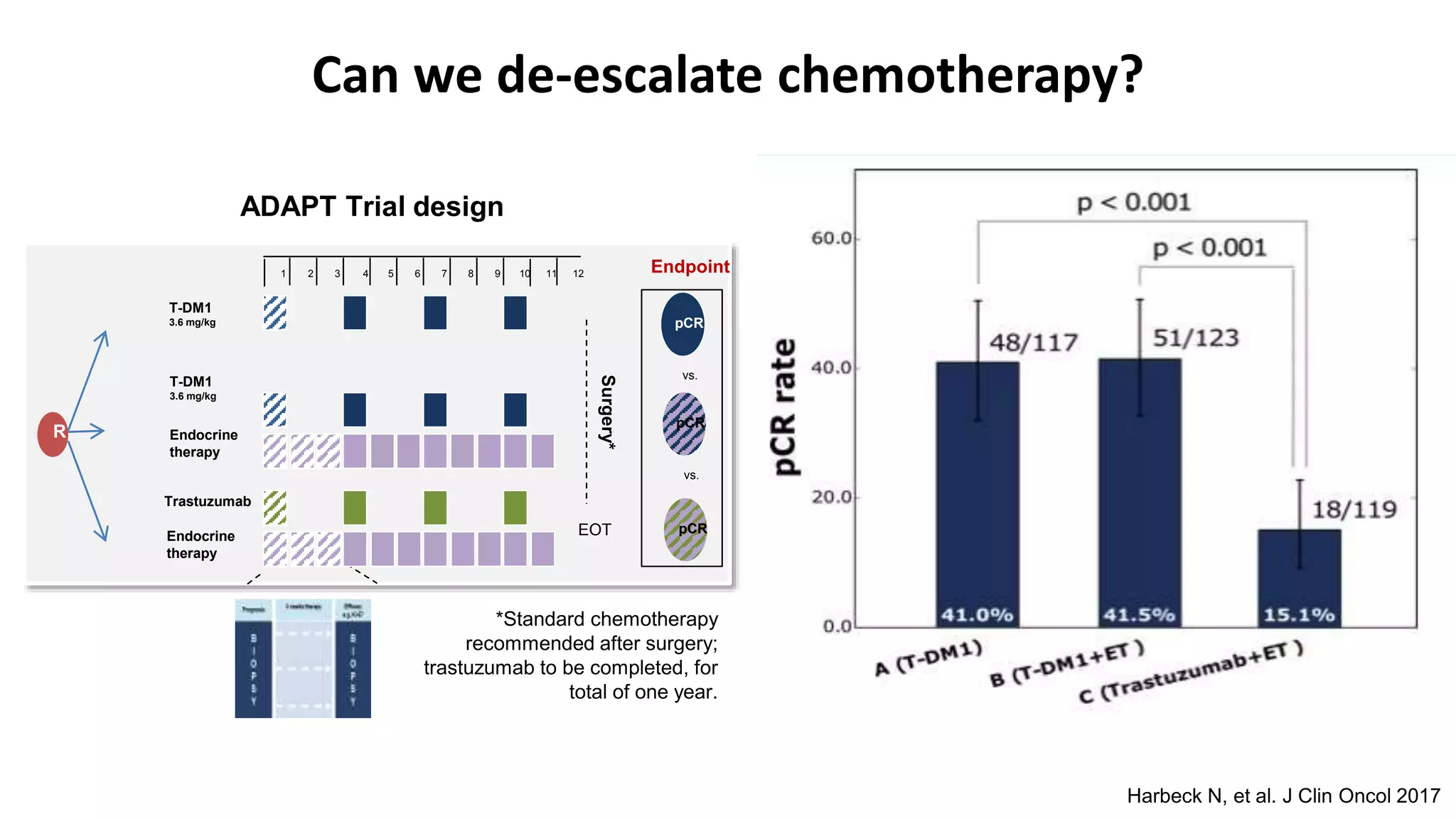 Can we de-escalate chemotherapy?
Harbeck N, et al. J Clin Oncol 2017
pCR
vs.
Surgery*
EOT pCR
Endpoint1 2 3 4 5 6 7 8 9 10 11 12
T-DM1
3.6 mg/kg
Trastuzumab
Endocrine
therapy
pCR
vs.
Endocrine
therapy
T-DM1
3.6 mg/kg
R
*Standard chemotherapy
recommended after surgery;
trastuzumab to be completed, for
total of one year.
ADAPT Trial design
 