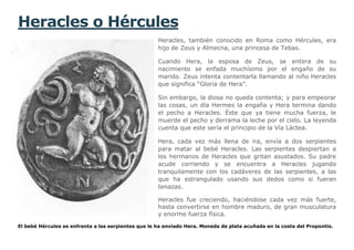 Heracles o Hércules
                                                     Heracles, también conocido en Roma como Hércules, era
                                                     hijo de Zeus y Almecna, una princesa de Tebas.

                                                     Cuando Hera, la esposa de Zeus, se entera de su
                                                     nacimiento se enfada muchísimo por el engaño de su
                                                     marido. Zeus intenta contentarla llamando al niño Heracles
                                                     que significa “Gloria de Hera”.

                                                     Sin embargo, la diosa no queda contenta; y para empeorar
                                                     las cosas, un día Hermes la engaña y Hera termina dando
                                                     el pecho a Heracles. Éste que ya tiene mucha fuerza, le
                                                     muerde el pecho y derrama la leche por el cielo. La leyenda
                                                     cuenta que este sería el principio de la Vía Láctea.

                                                     Hera, cada vez más llena de ira, envía a dos serpientes
                                                     para matar al bebé Heracles. Las serpientes despiertan a
                                                     los hermanos de Heracles que gritan asustados. Su padre
                                                     acude corriendo y se encuentra a Heracles jugando
                                                     tranquilamente con los cadáveres de las serpientes, a las
                                                     que ha estrangulado usando sus dedos como si fueran
                                                     tenazas.

                                                     Heracles fue creciendo, haciéndose cada vez más fuerte,
                                                     hasta convertirse en hombre maduro, de gran musculatura
                                                     y enorme fuerza física.

El bebé Hércules se enfrenta a las serpientes que le ha enviado Hera. Moneda de plata acuñada en la costa del Propontis.
 