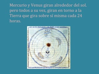 Mercurio y Venus giran alrededor del sol.
pero todos a su vez, giran en torno a la
Tierra que gira sobre sí misma cada 24
horas.

 