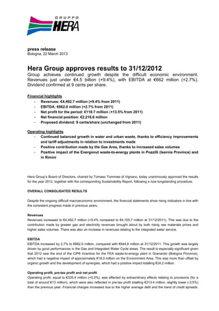 press release
Bologna, 22 March 2013



Hera Group approves results to 31/12/2012
Group achieves continued growth despite the difficult economic environment.
Revenues just under €4.5 billion (+9.4%), with EBITDA at €662 million (+2.7%).
Dividend confirmed at 9 cents per share.

Financial highlights
    - Revenues: €4,492.7 million (+9.4% from 2011)
    - EBITDA: €662.0 million (+2.7% from 2011)
    - Net profit for the period: €118.7 million (+13.5% from 2011)
    - Net financial position: €2,216.6 million
    - Proposed dividend: 9 cents/share (unchanged from 2011)

Operating highlights
   - Continued balanced growth in water and urban waste, thanks to efficiency improvements
       and tariff adjustments in relation to investments made
   - Positive contribution made by the Gas Area, thanks to increased sales volumes
   - Positive impact of the Energonut waste-to-energy plants in Pozzilli (Isernia Province) and
       in Rimini




Hera Group’s Board of Directors, chaired by Tomaso Tommasi di Vignano, today unanimously approved the results
for the year 2012, together with the corresponding Sustainability Report, following a now longstanding procedure.

OVERALL CONSOLIDATED RESULTS

Despite the ongoing difficult macroeconomic environment, the financial statements show rising indicators in line with
the consistent progress made in previous years.

Revenues
Revenues increased to €4,492.7 million (+9.4% compared to €4,105.7 million at 31/12/2011). This was due to the
contribution made by greater gas and electricity revenues brought about by both rising raw materials prices and
higher sales volumes. There was also an increase in revenues relating to the integrated water service.

EBITDA
EBITDA increased by 2.7% to €662.0 million, compared with €644.8 million at 31/12/2011. This growth was largely
driven by good performances in the Gas and Integrated Water Cycle areas. The result is especially significant given
that 2012 saw the end of the CIP6 incentive for the FEA waste-to-energy plant in Granarolo (Bologna Province),
which had a negative impact of approximately €18.0 million on the Environment Area. This was more than offset by
organic growth and the development of synergies, which had a positive impact totalling €24.2 million.

Operating profit, pre-tax profit and net profit
Operating profit, equal to €335.4 million (+0.3%), was affected by extraordinary effects relating to provisions (for a
total of around €13 million), which were also reflected in pre-tax profit totalling €213.4 million, slightly lower (-3.5%)
than the previous year. Financial charges increased due to the higher average debt and the trend of credit spreads.
 
