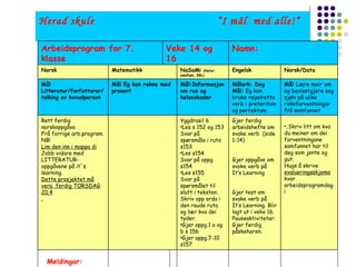 Herad skule ”I mål  med alle!” Meldingar: . Skriv litt om kva du meiner om dei forventningane samfunnet har til deg som jente og gut. Hugs å skrive  evalueringsskjema  kvar arbeidsprogramdag! Gjer ferdig arbeidshefte om svake verb  (side 1-14) Gjer oppgåve om svake verb på It’s Learning Gjer test om svake verb på It’s Learning. Blir lagt ut i veke 16. Pauseaktivitetar: Gjer ferdig påskeharen.   Yggdrasil 6 Les s 152 og 153 Svar på spørsmåla i ruta s153 Les s154 Svar på oppg. s154 Les s155 Svar på spørsmålet til slutt i teksten. Skriv opp orda i den raude ruta og lær kva dei tyder. Gjer oppg.1 a og b s 156 Gjer oppg.7-10 s157 Rett ferdig norskoppgåva  Frå forrige arb.program. NB! Lim den inn i mappa di Jobb vidare med LITTERATUR-oppgåvene på it`s learning. Dette prosjektet må vera  ferdig TORSDAG 20.4 . Mål  Lære meir om og bevisstgjere seg sjølv på ulike rolleforventningar frå samfunnet Målark: Dog  Mål:  Eg kan bruke regelrette verb i preteritum og perfektum Mål:Informasjon om rus og helseskader Mål Eg kan rekne med prosent Mål   Litteratur/forfattarar/ tolking av hovudperson Norsk/Data Engelsk NaSaMi  (Natur, samfunn, KRL) Matematikk Norsk Namn: Veke 14 og 16 Arbeidsprogram for 7. klasse 