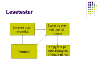 Lesetestar Lesetest med  megastick Lærar og elev  sett opp mål  saman Oppgåver på  arbeidsprogram i forhold til mål Portfolio 