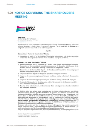 | Introduction | Directors’ report | Hera Group consolidated financial statements
Hera Group - Consolidated Financial Statement at 31 December 2021 110|
NOTICE CONVENING THE SHAREHOLDERS
MEETING
1.09
 