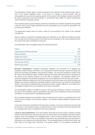 | Introduction | Directors’ report | Hera Group consolidated financial statements
Hera Group - Consolidated Financial Statement at 31 December 2021 128|
The depreciation of these rights is carried out based on the useful life of the individual assets, also in
view of the relevant legislation which, in the event of a change in service provider, calls for
compensation to be paid to the outgoing operator in the amount of the Residual Industrial value (RIV)
for assets constructed under their ownership, or at Net Book Value (NBV), for assets manufactured
under a business unit leasing contract.
The intangible assets acquired following a business combination are recorded separately from goodwill
if their fair value can be reliably determined and are depreciated over the useful life estimated in the
purchase price allocation.
The depreciation begins when the asset is ready for use according to the needs of the corporate
management.
Gains or losses on disposal of intangible assets are calculated as the difference between proceeds
from the sale and the carrying amount of the asset and are recognized in the income statement when
the control of the asset is transferred to the buyer.
The depreciation rates of intangible assets are outlined here below:
Category rates
Industrial patents and intellectual property rights 20.0%
Patents and trademarks 10.0%
Buildings under concession 1.8% - 3.5%
Distribution plants under concession 1.8% - 10.0%
Other plants under concession 2.5% - 12.5%
Equipment under concession 12.5%
Business combinations - Business combination operations are accounted for by applying the
acquisition method foreseen by IFRS 3, as a consequence of which the buyer acquires the equity and
takes over the assets and liabilities of the acquired company. The cost of the operation is shown as the
fair value of the transferred assets, liabilities assumed and equity instruments issued in exchange for
the control of the acquired company, as at the date of acquisition. The expenses related to the
business combination are generally recognised in the income statement at the time they are incurred.
Any positive difference between the cost of the transaction and the fair value at the date the assets and
liabilities are acquired is attributed to goodwill (subject to impairment test, as indicated in the following
section). If the process of allocating the purchase price shows a negative difference, such difference is
immediately charged to the income statement at the date of acquisition.
Any consideration subject to conditions set forth in the business combination contract is measured at
fair value on the acquisition date and considered in the value of the consideration paid for the business
combination, for the purposes of calculating the goodwill.
Non-controlling interests on the acquisition date are measured at fair value or according to the pro rata
amount of the net assets of the acquired company. The valuation method selected is stated for each
transaction.
In the case of business combinations that take place in phases, the equity investment previously held
by the Group in the acquired company is valued at the fair value on the date control was acquired and
any resulting profit or loss is recognised in the income statement.
Losses in value (impairment) - As of each balance sheet date and when events or situation changes
indicate that the book value cannot be recovered, the Group takes into consideration the book value of
property, plant and equipment and intangible assets in order to assess whether these assets have
suffered an impairment. If there is any indication in this sense, the recoverable amount of said assets is
estimated so as to determine the total write-down. The recoverable amount is either the fair value, less
sales costs or the usage value, whichever is the greater. Where it is not possible to estimate the
 
