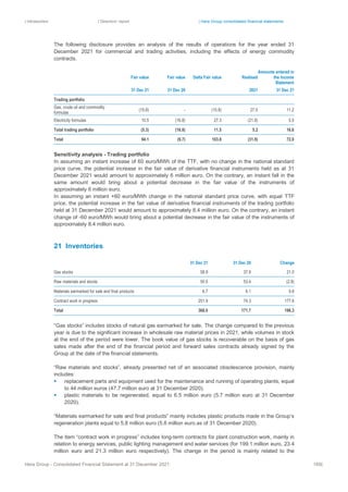 | Introduction | Directors’ report | Hera Group consolidated financial statements
Hera Group - Consolidated Financial Statement at 31 December 2021 169|
The following disclosure provides an analysis of the results of operations for the year ended 31
December 2021 for commercial and trading activities, including the effects of energy commodity
contracts.
Fair value Fair value Delta Fair value Realised
Amounts entered in
the Income
Statement
31 Dec 21 31 Dec 20 2021 31 Dec 21
Trading portfolio
Gas, crude oil and commodity
formulas
(15.8) ‐ (15.8) 27.0 11.2
Electricity formulas 10.5 (16.8) 27.3 (21.8) 5.5
Total trading portfolio (5.3) (16.8) 11.5 5.2 16.6
Total 94.1 (9.7) 103.8 (31.9) 72.0
Sensitivity analysis - Trading portfolio
In assuming an instant increase of 60 euro/MWh of the TTF, with no change in the national standard
price curve, the potential increase in the fair value of derivative financial instruments held as at 31
December 2021 would amount to approximately 6 million euro. On the contrary, an instant fall in the
same amount would bring about a potential decrease in the fair value of the instruments of
approximately 6 million euro.
In assuming an instant +60 euro/MWh change in the national standard price curve, with equal TTF
price, the potential increase in the fair value of derivative financial instruments of the trading portfolio
held at 31 December 2021 would amount to approximately 8.4 million euro. On the contrary, an instant
change of -60 euro/MWh would bring about a potential decrease in the fair value of the instruments of
approximately 8.4 million euro.
21 Inventories
31 Dec 21 31 Dec 20 Change
Gas stocks 58.9 37.9 21.0
Raw materials and stocks 50.5 53.4 (2.9)
Materials earmarked for sale and final products 6.7 6.1 0.6
Contract work in progress 251.9 74.3 177.6
Total 368.0 171.7 196.3
“Gas stocks” includes stocks of natural gas earmarked for sale. The change compared to the previous
year is due to the significant increase in wholesale raw material prices in 2021, while volumes in stock
at the end of the period were lower. The book value of gas stocks is recoverable on the basis of gas
sales made after the end of the financial period and forward sales contracts already signed by the
Group at the date of the financial statements.
“Raw materials and stocks”, already presented net of an associated obsolescence provision, mainly
includes:
▪ replacement parts and equipment used for the maintenance and running of operating plants, equal
to 44 million euros (47.7 million euro at 31 December 2020).
▪ plastic materials to be regenerated, equal to 6.5 million euro (5.7 million euro at 31 December
2020).
“Materials earmarked for sale and final products” mainly includes plastic products made in the Group’s
regeneration plants equal to 5.8 million euro (5.6 million euro as of 31 December 2020).
The item “contract work in progress” includes long-term contracts for plant construction work, mainly in
relation to energy services, public lighting management and water services (for 199.1 million euro, 23.4
million euro and 21.3 million euro respectively). The change in the period is mainly related to the
 