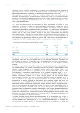 | Introduction | Directors’ report | Hera Group consolidated financial statements
Hera Group - Consolidated Financial Statement at 31 December 2021 172|
increase in volumes distributed during the 2021 financial year, as the 2020 financial year had shown a
significant decrease in volumes due to the effect of the Covid-19 pandemic leading to a greater use of
the equalisation mechanism in relation to the regulated revenues recognised to the Group.
Continuity income increased by 5.4 million euro compared to the previous year mainly due to the
recognition of costs incurred for gas default services and last resort supply for 7.5 million euro and fees
introduced to compensate the equalisation balances for the gradually regulated electricity service for
1.5 million euro, only partially offset by the lower credit for the compensation component of the sales
costs of gas, for 4 million euro.
“VAT, excise and additional taxes” are comprised of tax credits receivables to the treasury for value
added tax in the amount of 6 million euro and for excise and additional taxes in the amount of 41.4
million euro. The change as compared to 31 December 2020 is attributable to a decrease of 26.9
million euro in receivables for value added tax and an increase of 20.4 million euro in receivables for
excise and additional taxes. These changes should be interpreted together with the same changes
shown in note 30 “Other current liabilities”. In particular, with regard to excise duties and additional
taxes, the procedures that govern the financial relations with the tax authorities should be taken into
account: as a matter of fact, advance payments made during the year are calculated on the basis of
the quantities of gas and electricity billed in the previous year. These methods can generate credit or
debit positions with differences that may be significant even between one period and another.
“Energy efficiency bonds and emissions trading”, include:
31 Dec 21 31 Dec 20 Change
White certificates 22.7 127.9 (105.2)
Grey certificates 14.4 12.8 1.6
Green certificates 9.8 9.8 ‐
Total 46.9 150.5 (103.6)
The decrease in the value of white certificates is mainly due to regulatory changes that led to
retroactively reduce the 2020 requirements for gas and electricity distribution companies and
simultaneously set targets for the years 2021-2024 that are significantly lower than in previous years.
For further details regarding the economic effect of this valuation, see note 2 “Other operating
revenues”.
In relation to grey certificates, the portfolio includes the valuation of both securities held by the Group
and forward contracts. The increase as compared to the previous year is due to the price effect which
was only partially off-balanced by the decrease in security volumes held at the end of 2021. The
increase in the prices of greenhouse gas emission quotas traded on the market during the 2021
financial year is a consequence of the publication by the European Commission of the “Fit for 55”
bundle of legislative proposals, which includes a revision of the European Emissions Trading System
Directive (as reported in section 1.01.02 of the Directors’ Report). The new proposals require
greenhouse gas emissions to be 61% below 2005 levels by 2030 (previously the target was -43%). In
order to achieve the new targets, the Commission proposes to lower the maximum quantity of
emissions for the sectors concerned by the directive and to decrease it each year during the
implementation phase until 2030. The Group, which currently has to comply with the directive in force
for a number of district heating plants and a number of power generation plants in which it participates,
views the new proposals to be negligible, both because they do not envisage extending the system to
municipal or hazardous waste WTE plants and because they do not consider extending it to
combustion plants with lower power thresholds (the threshold of total firepower at the site exceeding 20
Mwt remains unchanged at the moment). However, the Group still faces the risk of an increase in the
market price of the quotas. For an exhaustive discussion on the management of risks, including those
associated with climate change, please refer to paragraph 1.02.03 “Risk areas: identification and
management of risk factors” in the Directors’ Report.
The green certificate portfolio includes securities recognised on an accrual basis prior to 2016 in
relation to the electricity production of certain waste-to-energy plants operated by the Group. These
securities are the subject of a complaint by the GSE concerning the methodology for calculating the
self-consumption of auxiliary services. To cover the potential risk of non-recognition, the Group has
 