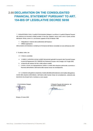 | Introduction | Directors’ report | Hera Group consolidated financial statements
Hera Group - Consolidated Financial Statement at 31 December 2021 218|
DECLARATION ON THE CONSOLIDATED
FINANCIAL STATEMENT PURSUANT TO ART.
154-BIS OF LEGISLATIVE DECREE 58/98
2.08
 