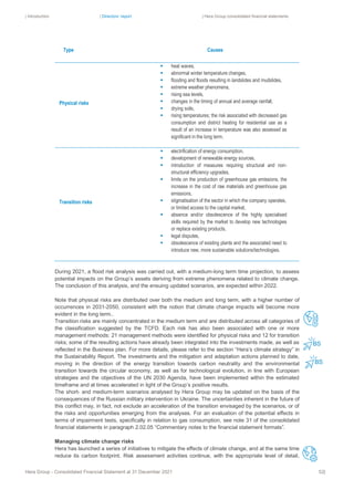 | Introduction | Directors’ report | Hera Group consolidated financial statements
Hera Group - Consolidated Financial Statement at 31 December 2021 52|
Type Causes
Physical risks
▪ heat waves,
▪ abnormal winter temperature changes,
▪ flooding and floods resulting in landslides and mudslides,
▪ extreme weather phenomena,
▪ rising sea levels,
▪ changes in the timing of annual and average rainfall,
▪ drying soils,
▪ rising temperatures; the risk associated with decreased gas
consumption and district heating for residential use as a
result of an increase in temperature was also assessed as
significant in the long term.
Transition risks
▪ electrification of energy consumption,
▪ development of renewable energy sources,
▪ introduction of measures requiring structural and non-
structural efficiency upgrades,
▪ limits on the production of greenhouse gas emissions, the
increase in the cost of raw materials and greenhouse gas
emissions,
▪ stigmatisation of the sector in which the company operates,
or limited access to the capital market,
▪ absence and/or obsolescence of the highly specialised
skills required by the market to develop new technologies
or replace existing products,
▪ legal disputes,
▪ obsolescence of existing plants and the associated need to
introduce new, more sustainable solutions/technologies.
During 2021, a flood risk analysis was carried out, with a medium-long term time projection, to assess
potential impacts on the Group’s assets deriving from extreme phenomena related to climate change.
The conclusion of this analysis, and the ensuing updated scenarios, are expected within 2022.
Note that physical risks are distributed over both the medium and long term, with a higher number of
occurrences in 2031-2050, consistent with the notion that climate change impacts will become more
evident in the long term..
Transition risks are mainly concentrated in the medium term and are distributed across all categories of
the classification suggested by the TCFD. Each risk has also been associated with one or more
management methods: 21 management methods were identified for physical risks and 12 for transition
risks; some of the resulting actions have already been integrated into the investments made, as well as
reflected in the Business plan. For more details, please refer to the section “Hera’s climate strategy” in
the Sustainability Report. The investments and the mitigation and adaptation actions planned to date,
moving in the direction of the energy transition towards carbon neutrality and the environmental
transition towards the circular economy, as well as for technological evolution, in line with European
strategies and the objectives of the UN 2030 Agenda, have been implemented within the estimated
timeframe and at times accelerated in light of the Group’s positive results.
The short- and medium-term scenarios analysed by Hera Group may be updated on the basis of the
consequences of the Russian military intervention in Ukraine. The uncertainties inherent in the future of
this conflict may, in fact, not exclude an acceleration of the transition envisaged by the scenarios, or of
the risks and opportunities emerging from the analyses. For an evaluation of the potential effects in
terms of impairment tests, specifically in relation to gas consumption, see note 31 of the consolidated
financial statements in paragraph 2.02.05 “Commentary notes to the financial statement formats”.
Managing climate change risks
Hera has launched a series of initiatives to mitigate the effects of climate change, and at the same time
reduce its carbon footprint. Risk assessment activities continue, with the appropriate level of detail,
 