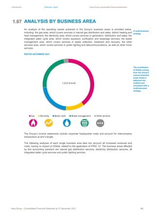 | Introduction | Directors’ report | Hera Group consolidated financial statements
Hera Group - Consolidated Financial Statement at 31 December 2021 86|
ANALYSIS BY BUSINESS AREA
An analysis of the operating results achieved in the Group’s business areas is provided below,
including: the gas area, which covers services in natural gas distribution and sales, district heating and
heat management; the electricity area, which covers services in generation, distribution and sales; the
integrated water cycle area, which covers aqueduct, purification and sewerage services; the waste
management area, which covers services in waste collection, treatment and recovery; the other
services area, which covers services in public lighting and telecommunications, as well as other minor
services.
EBITDA DECEMBER 2021
The Group’s income statements include corporate headquarter costs and account for intercompany
transactions at arm’s length.
The following analyses of each single business area take into account all increased revenues and
costs, having no impact on Ebitda, related to the application of IFRIC 12. The business areas affected
by this accounting standard are natural gas distribution services, electricity distribution services, all
integrated water cycle services and public lighting services.
The contribution
to Ebitda coming
from the Group’s
various business
areas shows a
balanced mix,
resilient and
consistent with a
multi-business
strategy
A multi-business
strategy
1.07
 