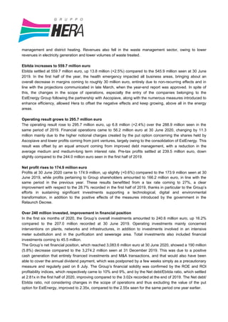 management and district heating. Revenues also fell in the waste management sector, owing to lower
revenues in electricity generation and lower volumes of waste treated.
Ebitda increases to 559.7 million euro
Ebitda settled at 559.7 million euro, up 13.8 million (+2.5%) compared to the 545.9 million seen at 30 June
2019. In the first half of the year, the health emergency impacted all business areas, bringing about an
overall decrease in margins coming to roughly 30 million euro, entirely due to non-recurring effects and in
line with the projections communicated in late March, when the year-end report was approved. In spite of
this, the changes in the scope of operations, especially the entry of the companies belonging to the
EstEnergy Group following the partnership with Ascopiave, along with the numerous measures introduced to
enhance efficiency, allowed Hera to offset the negative effects and keep growing, above all in the energy
areas.
Operating result grows to 295.7 million euro
The operating result rose to 295.7 million euro, up 6.8 million (+2.4%) over the 288.9 million seen in the
same period of 2019. Financial operations came to 56.2 million euro at 30 June 2020, changing by 11.3
million mainly due to the higher notional charges created by the put option concerning the shares held by
Ascopiave and lower profits coming from joint ventures, largely owing to the consolidation of EstEnergy. This
result was offset by an equal amount coming from improved debt management, with a reduction in the
average medium and medium-long term interest rate. Pre-tax profits settled at 239.5 million euro, down
slightly compared to the 244.0 million euro seen in the first half of 2019.
Net profit rises to 174.9 million euro
Profits at 30 June 2020 came to 174.9 million, up slightly (+0.6%) compared to the 173.9 million seen at 30
June 2019, while profits pertaining to Group shareholders amounted to 166.2 million euro, in line with the
same period in the previous year. These results benefitted from a tax rate coming to 27%, a clear
improvement with respect to the 28.7% recorded in the first half of 2019, thanks in particular to the Group’s
efforts in sustaining significant investments supporting a technological, digital and environmental
transformation, in addition to the positive effects of the measures introduced by the government in the
Relaunch Decree.
Over 240 million invested, improvement in financial position
In the first six months of 2020, the Group’s overall investments amounted to 240.6 million euro, up 16.2%
compared to the 207.0 million recorded at 30 June 2019. Operating investments mainly concerned
interventions on plants, networks and infrastructures, in addition to investments involved in an intensive
meter substitution and in the purification and sewerage area. Total investments also included financial
investments coming to 45.5 million.
The Group’s net financial position, which reached 3,083.6 million euro at 30 June 2020, showed a 190 million
(5.8%) decrease compared to the 3,274.2 million seen at 31 December 2019. This was due to a positive
cash generation that entirely financed investments and M&A transactions, and that would also have been
able to cover the annual dividend payment, which was postponed by a few weeks simply as a precautionary
measure and regularly paid on 8 July. The Group’s financial solidity was confirmed by the ROE and ROI
profitability indices, which respectively came to 10% and 9%, and by the Net debt/Ebitda ratio, which settled
at 2.81x in the first half of 2020, improving compared to the 3.02x recorded at the end of 2019. The Net debt/
Ebitda ratio, not considering changes in the scope of operations and thus excluding the value of the put
option for EstEnergy, improved to 2.35x, compared to the 2.55x seen for the same period one year earlier.
 