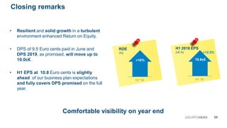 H1 '18
Closing remarks
09GRUPPOHERA
• Resilient and solid growth in a turbulent
environment enhanced Return on Equity.
• DPS of 9.5 Euro cents paid in June and
DPS 2019, as promised, will move up to
10.0c€.
• H1 EPS at 10.8 Euro cents is slightly
ahead of our business plan expectations
and fully covers DPS promised on the full
year.
H1 2018 EPS
(c€,%) +12.5%
Comfortable visibility on year end
10.8c€
H1 '18
>10%
ROE
(%)
 