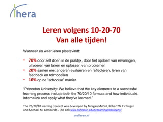 Leren volgens 10-20-70
                 Van alle tijden!
Wanneer en waar leren plaatsvindt:

• 70% door zelf doen in de praktijk, door het opdoen van ervaringen,
    uitvoeren van taken en oplossen van problemen
•   20% samen met anderen evalueren en reflecteren, leren van
    feedback en rolmodellen
•   10% op de ”schoolse” manier

“Princeton University: We believe that the key elements to a successful
learning process include both the 70/20/10 formula and how individuals
internalize and apply what they've learned.”

The 70/20/10 learning concept was developed by Morgan McCall, Robert W. Eichinger
and Michael M. Lombardo . (Zie ook www.princeton.edu/hr/learning/philosophy/)
                                    snelleren.nl
 