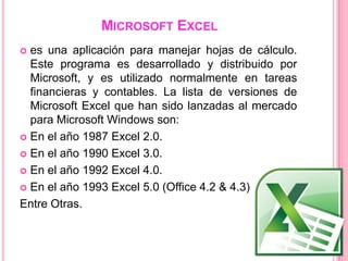 MICROSOFT EXCEL
 es una aplicación para manejar hojas de cálculo.
  Este programa es desarrollado y distribuido por
  Microsoft, y es utilizado normalmente en tareas
  financieras y contables. La lista de versiones de
  Microsoft Excel que han sido lanzadas al mercado
  para Microsoft Windows son:
 En el año 1987 Excel 2.0.

 En el año 1990 Excel 3.0.

 En el año 1992 Excel 4.0.

 En el año 1993 Excel 5.0 (Office 4.2 & 4.3)

Entre Otras.
 