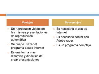  Se reproducen videos en
las mismas presentaciones
de reproducción
automática
 Se puede utilizar el
programa desde internet
 Es una forma mas
dinámica y didáctica de
crear presentaciones
 Es necesario el uso de
Internet
 Es necesario contar con
Adobe rader
 Es un programa complejo
Ventajas Desventajas
 