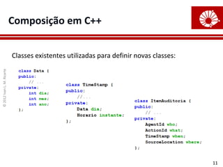 ©
2012
Ivan
L.
M.
Ricarte
11
Composição em C++
Classes existentes utilizadas para definir novas classes:
 