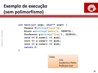 Exemplo de execução
                            (sem polimorfismo)
© 2012 Ivan L. M. Ricarte




                                                  Saída:
                                                           Lara
                                                           Academico Pedro
                                                           Professor Ivan

                                                                             36
 