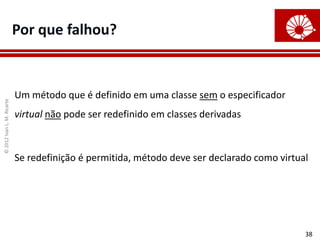 Por que falhou?


                            Um método que é definido em uma classe sem o especificador
© 2012 Ivan L. M. Ricarte




                            virtual não pode ser redefinido em classes derivadas



                            Se redefinição é permitida, método deve ser declarado como virtual




                                                                                             38
 