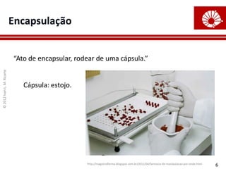 Encapsulação


                            “Ato de encapsular, rodear de uma cápsula.”
© 2012 Ivan L. M. Ricarte




                               Cápsula: estojo.




                                                   http://magistralfarma.blogspot.com.br/2011/04/farmacia-de-manipulacao-por-onde.html
                                                                                                                                         6
 