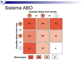 Sistema ABO Possible alleles from female I A or or I B i I A I B i or or Possible alleles from male A AB B O Blood types I A I A I A I B I A i I A I B I B I B I B i I A i I B i ii 