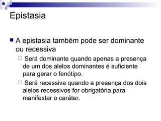 Epistasia A epistasia também pode ser dominante ou recessiva Será dominante quando apenas a presença de um dos alelos dominantes é suficiente para gerar o fenótipo. Será recessiva quando a presença dos dois alelos recessivos for obrigatória para manifestar o caráter.  