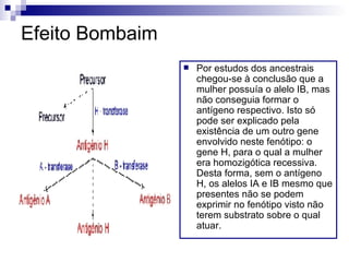 Efeito Bombaim Por estudos dos ancestrais chegou-se à conclusão que a mulher possuía o alelo IB, mas não conseguia formar o antígeno respectivo. Isto só pode ser explicado pela existência de um outro gene envolvido neste fenótipo: o gene H, para o qual a mulher era homozigótica recessiva. Desta forma, sem o antígeno H, os alelos IA e IB mesmo que presentes não se podem exprimir no fenótipo visto não terem substrato sobre o qual atuar.  
