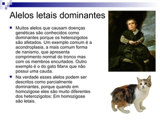 Alelos letais dominantes Muitos alelos que causam doenças genéticas são conhecidos como dominantes porque os heterozigotos são afetados. Um exemplo comum é a acondroplasia, a mais comum forma de nanismo, que apresenta comprimento normal do tronco mas com os membros encurtados. Outro exemplo é o do gato Manx que não possui uma cauda. Na verdade esses alelos podem ser descritos como parcialmente dominantes, porque quando em homozigose eles são muito diferentes dos heterozigotos: Em homozigose são letais. 
