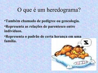 O que é um heredograma? Também chamado de pedigree ou genealogia. Representa as relações de parentesco entre indivíduos. Representa o padrão de certa herança em uma família. 
