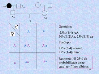 ? aa A_ Aa Aa A a A a A A A  a a a A a Genótipo: 25% (1/4) AA, 50%(1/2)Aa, 25%(1/4) aa Fenótipo:  75% (3/4) normal, 25% (1/4)albino Resposta: Há 25% de probabilidade deste casal ter filhos albinos. 