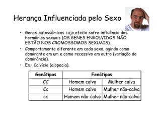 Herança Influenciada pelo Sexo
 • Genes autossômicos cujo efeito sofre influência dos
   hormônios sexuais (OS GENES ENVOLVIDOS NÃO
   ESTÃO NOS CROMOSSOMOS SEXUAIS).
 • Comportamento diferente em cada sexo, agindo como
   dominante em um e como recessivo em outro (variação de
   dominância).
 • Ex.: Calvície (alopecia).

        Genótipos                  Fenótipos
            CC          Homem calvo        Mulher calva
            Cc          Homem calvo      Mulher não-calva
            cc        Homem não-calvo Mulher não-calva
 