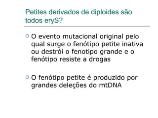 Petites derivados de diploides são
todos eryS?

   O evento mutacional original pelo
    qual surge o fenótipo petite inativa
    ou destrói o fenotipo grande e o
    fenótipo resiste a drogas

   O fenótipo petite é produzido por
    grandes deleções do mtDNA
 