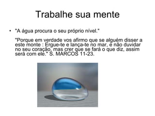 Trabalhe sua mente "A água procura o seu próprio nível." "Porque em verdade vos afirmo que se alguém disser a este monte : Ergue-te e lança-te no mar, e não duvidar no seu coração, mas crer que se fará o que diz, assim será com ele." S. MARCOS 11-23. 