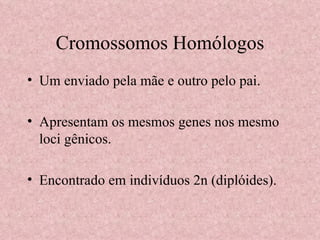 Cromossomos Homólogos Um enviado pela mãe e outro pelo pai. Apresentam os mesmos genes nos mesmo loci gênicos. Encontrado em indivíduos 2n (diplóides). 